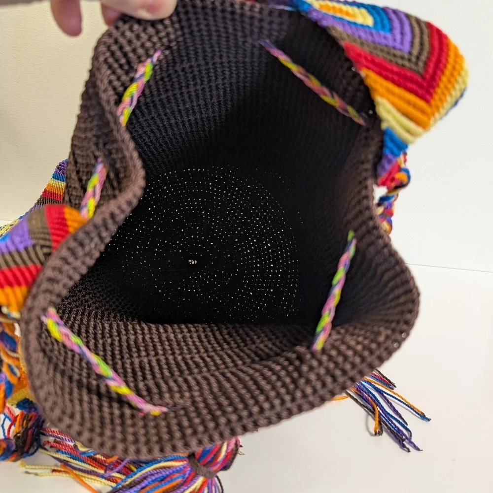 Mochilas Wayuu Handwoven Crossbody Bucket Bag Brown Multicolor Strap Tassel Boho